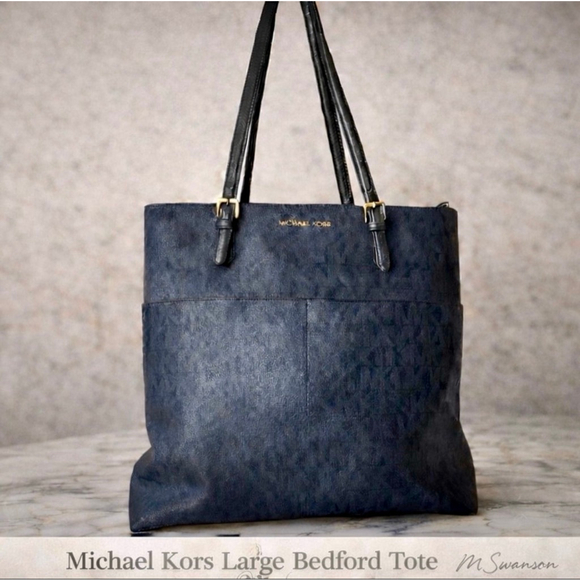 Michael Kors Handbags - Michael Kors Large Bedford Tote Navy MK Signature Logo Canvas